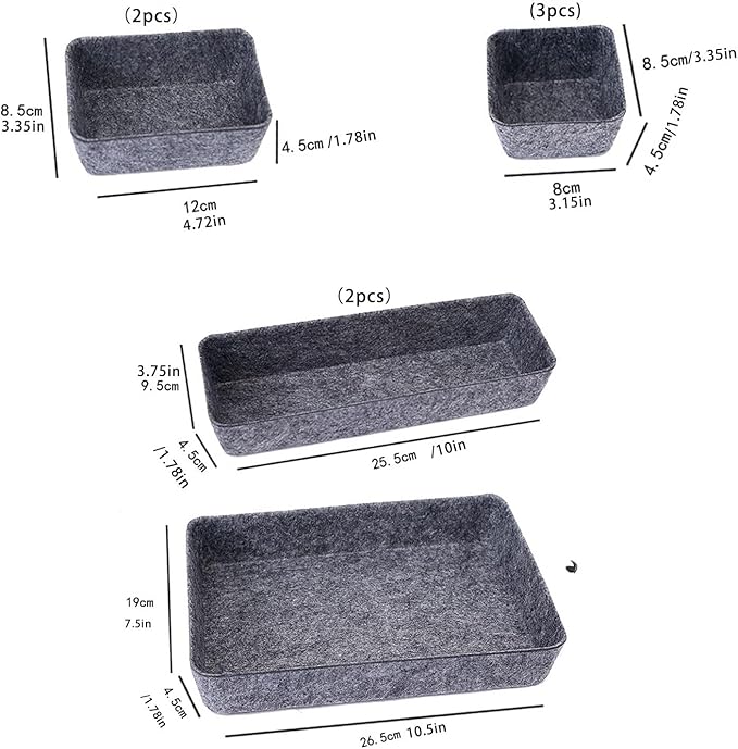 Felt Drawer Organizer Set, 8PCS Desk Drawer Storage Bins for Office, Kitchen, Dresser, and Makeup — Soft Fabric Drawer Dividers for Neat Organization (Dark Gray)