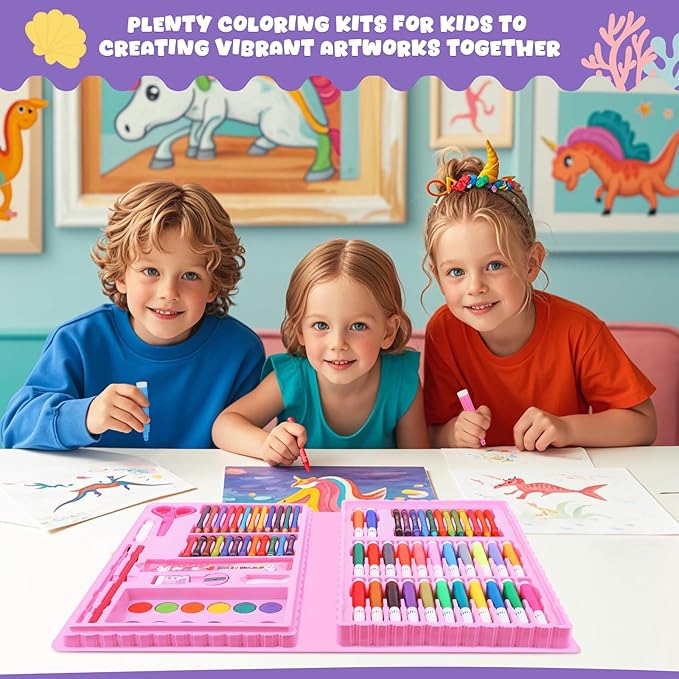 homicozy Art Supplies, Mermaid Drawing & Coloring Set with Crayons, Colored Pencils, Markers, Sketchbook, Watercolor Cakes, Stencils, Arts and Crafts Painting Kit for Kids Ages 4-10, Girls Boys Gift