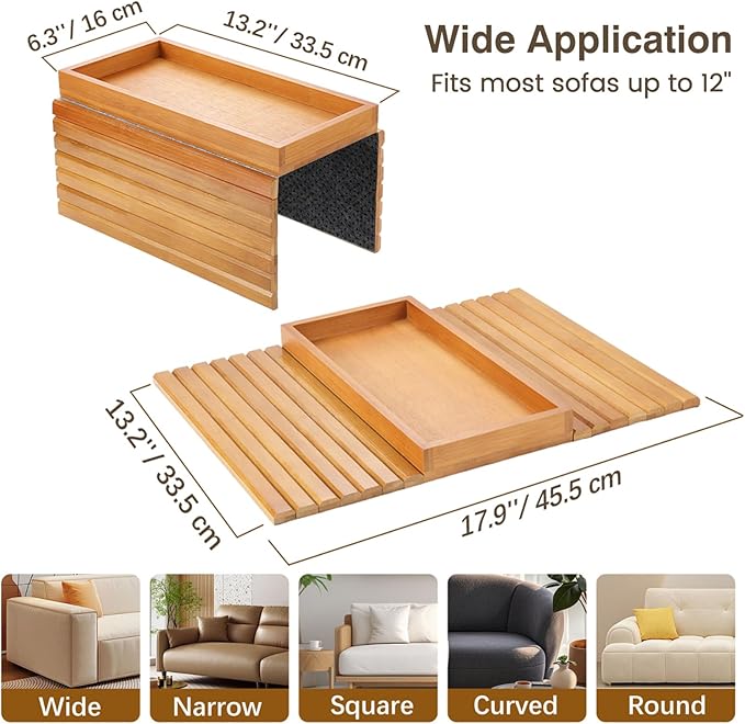 Couch Arm Tray, Bamboo Sofa Tray Table for Couch, Sofa Armrest Table, Anti-Slip Armrest Organizer, Foldable Couch Cup Holder for Snacks, Phone, Control, Cups, Light Brown