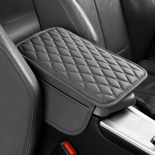 ongfuwu Car Center Console Cover, Leather Auto Armrest Cover Protector, Waterproof Armrest Center Console Pad with 2 Storage Bags, Universal Armrest Seat Box Pad for Vehicle SUV Truck (Gray)