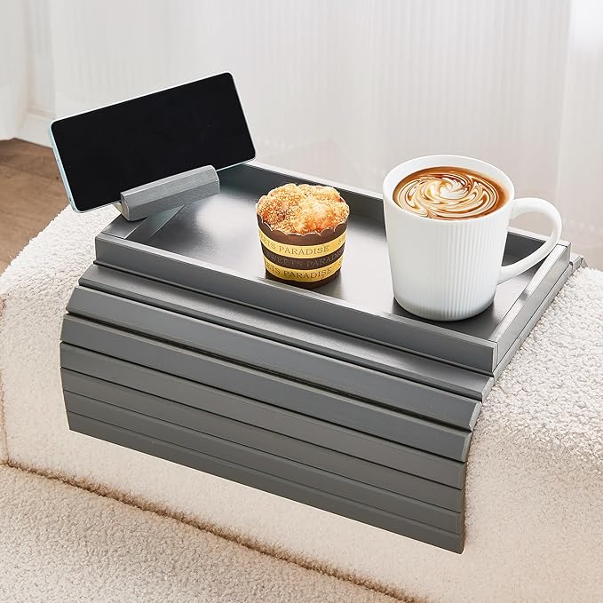 Bamboo Sofa Arm Tray, Anti Falling Couch Arm Tray Armrest Table with 360° Rotating Phone Holder, Foldable and Portable Sofa Armrest Trays Cup Holder for Drink,Cups, Phone, Snacks, Remote
