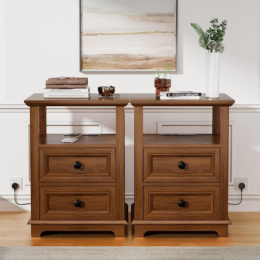 End Table Set of 2, Fast USB C Charging Station, 18" Wide Tall Sofa Side Table with 2 Drawers, Large Storage Rustic Wood Square Storage Cabinet for Living Room,Bedroom,Office
