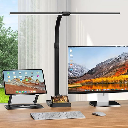 LED Desk Lamp with Base - Bright Dimmable Computer Lamp with Phone Holder, 24W Bendable Desk Light for Monitor Screen, Eye-Caring Tall Desktop Light for Task Home Office Work, Black, Dual Head