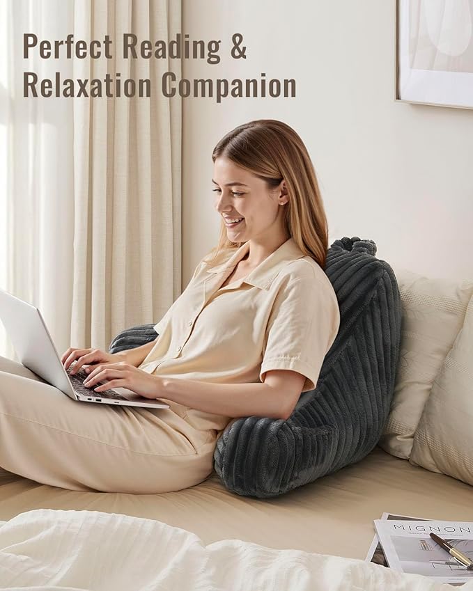 Blissful Diary Reading Pillow for Sitting in Bed, Flannel Back Pillow Bed Sitting Up for Adult & Children, Backrest Cushion for Sit Up in Couch or Floor, Dorm Essentials, Dark Gray