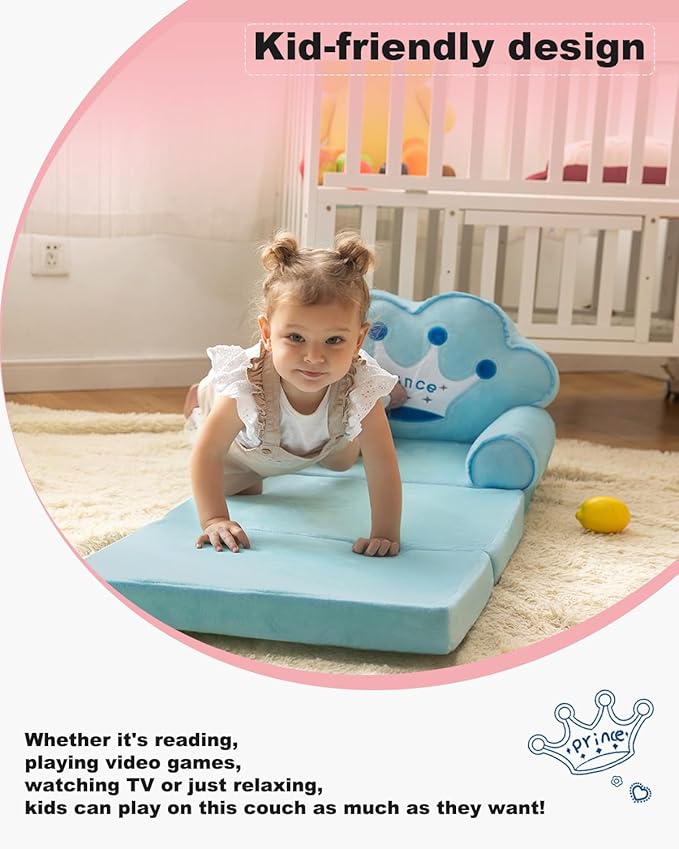 MOONBEEKI Kids Couch Fold Out, Foldable Princess Chair for Toddlers 1-3, Sofa Bed for Kids Folding Toddler Bed Lounger Chair for Bedroom, Toddler Couch Bed for Girl