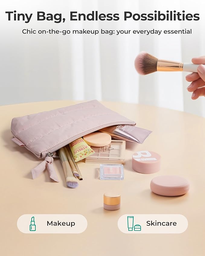 BAGSMART Small Makeup Bag, Puffy Portable Cosmetic Pouch with Charm Zipper, Water-Resistant Travel Organizer for Women (Camel, Small)