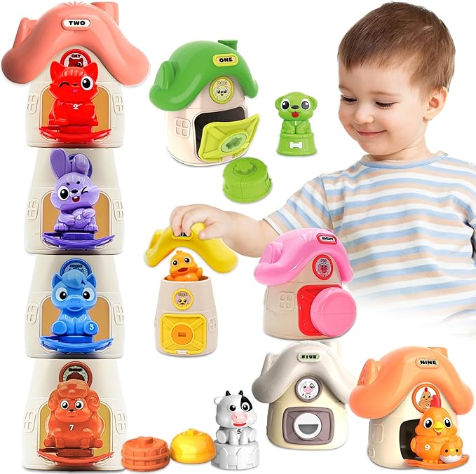 Montessori Learning Toys for Toddlers 1 2 3 Years Old, Farm Animals and Stacking Barn Set for Baby Boy Girl Birthday, Number Matching, Shape Sorting and Fine Motor Skills Games