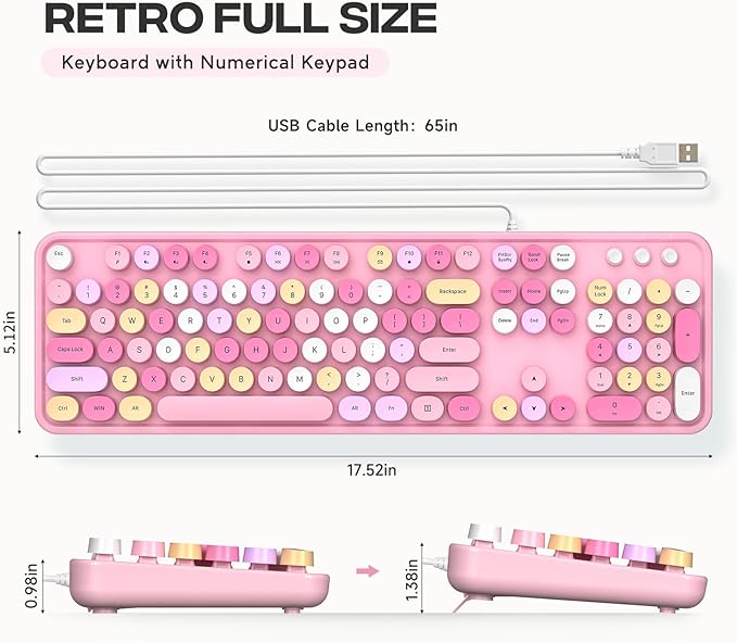 Computer Keyboard Wired, Plug Play USB Keyboard with Large Number Pad, Caps Indicators, Foldable Stands, Full Size Keyboard for Windows PC Laptop (Pink Colorful)