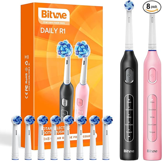 Bitvae Rotating Electric Toothbrush 2 Packs for Adults and Kids, 8 Brush Heads 60-Day Battery Life, 5 Modes Power Toothbrush with 2-Minute Smart Timer, Black & Pink, R1