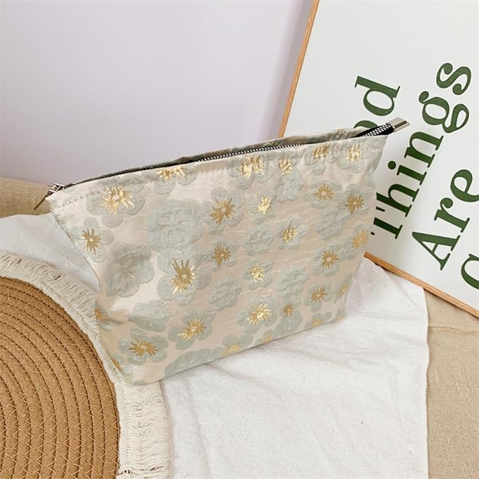 HAPPYHEIDI Aesthetic Floral Makeup Bag Cosmetic Travel Zipper Pouch,Purse Make Up Organizer, Textured Fabric,Canvas Lined,Beige Golden,Large