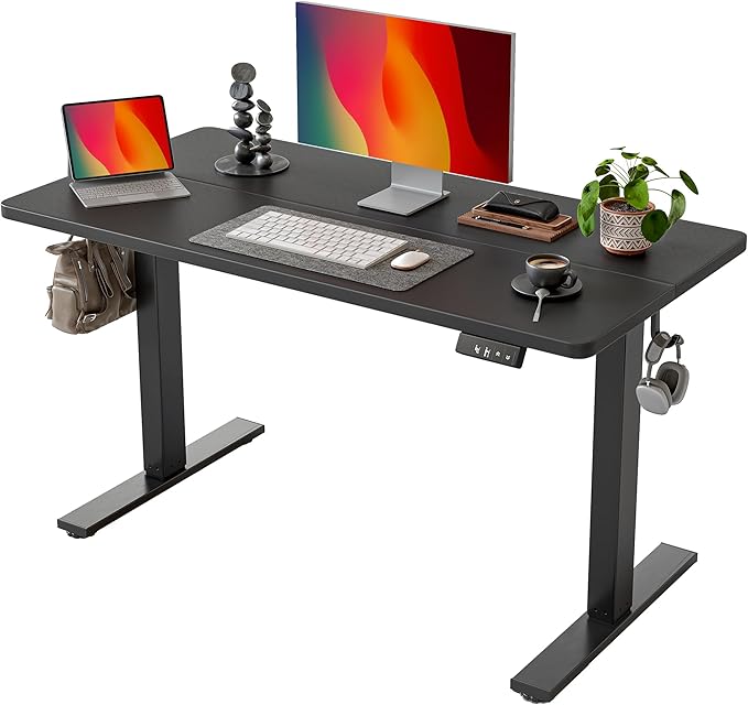 TIQLAB Standing Desk 47 x 24 inch, Electric Height Adjustable Desk with Splice Board, Stand Up Desk, Sit Stand Computer Desk for Home Office, Black Frame/Black Top
