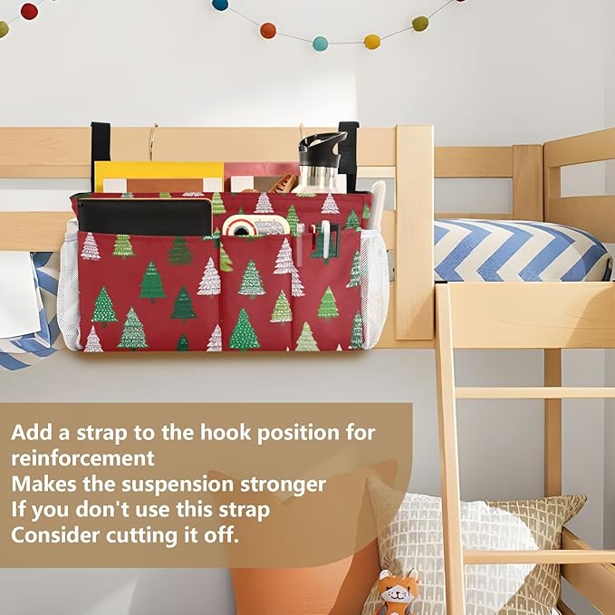 Christmas Trees White Green Bedside Caddy for Dorm Bed Bedside Hanging Caddy Bag Iron Frame Storage Organizer Pocket for Bunk Home College Hospital Beds 2 Hooks