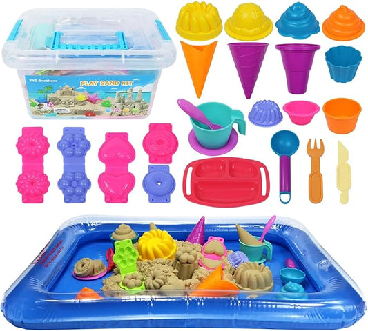 FYZ Brothers Play Sand Kit, Ice Cream Sand Toys, 3lbs Beige Sand, 25Pcs Sandbox Sand Kit Beach Toys for Girls Boys - Kitchen Molds Tools Toys