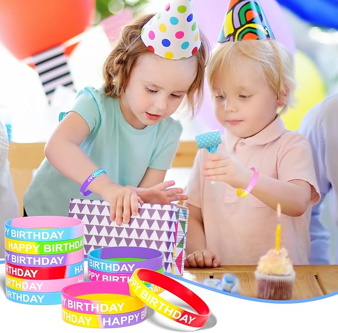 CHRORINE Happy Birthday Rubber Bracelets 12 Styles Silicone Wristbands for Classroom Birthday Party Favors 24 Pieces