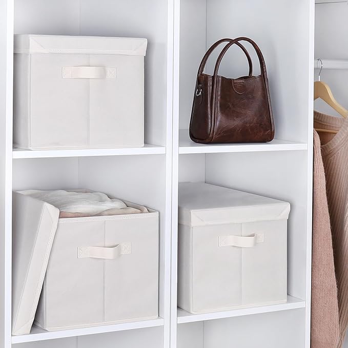 WUIKE Closet Storage Bin with Lids, Decorative Fabric Storage Bins for Clothes, Collapsible Storage Boxes for Home and Closet Organization, Beige, Extra Large, 3-Pack