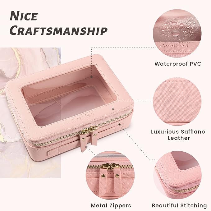 Aveniee Clear Makeup Bag Organizer,Large Travel Toiletry Bag for Women, Waterproof Cosmetic Pouch with Zippers,Car Organizers and Storage Case for Accessories,Pink
