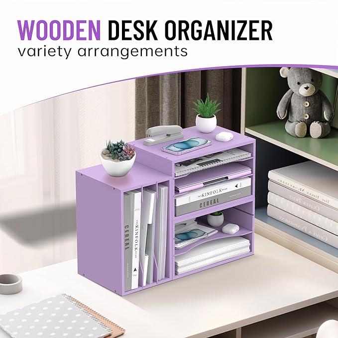 Wood Desk Organizer, 3 Tier Paper Tray Organizer for Desk with Adjustable Storage Shelves, Desktop File Organization Paper Sorter Mail Holder for Office Home Classroom, Purple