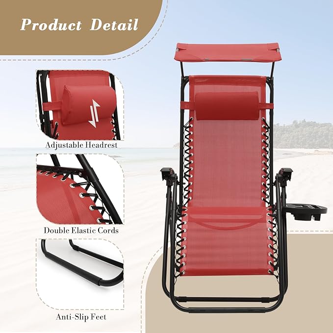 Athena Collection Zero Gravity Outdoor Lounge Chair Set of 2 with Canopy Shade, 25" Width Pool Lounge Lawn Chairs Reclining with Cup Holder, Outdoor Chaise for Beach Patio Outside, Dark Red