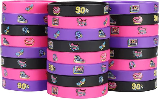 Cleverplay 24 Pack 90s Theme Silicone Wristbands Bracelets, Birthday Decoration Funny 1990's Hip Hop Party Favors for Adults