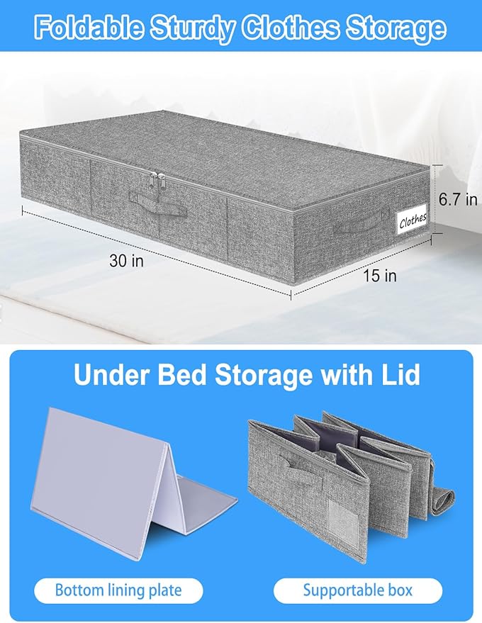 boailydi Under Bed Storage Container, 7" Tall Underbed Storage Bin with Rigid Sides & Bottom, Large Under-Bed Clothes Organizer with Zippered Lid for Bedroom, Dorm, Sofa, 30x15x6.7, Grey