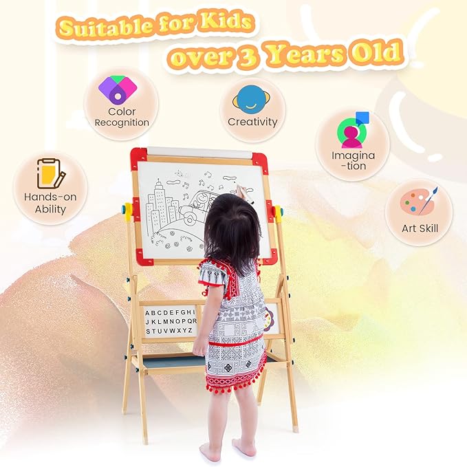 HONEY JOY Easel for Kids, Rotatable Double-Sided Wooden Toddler Easel w/Magnetic Chalkboard & White Board, Paper Roll, Painting Accessories, Dry Erase Board, Art Easel for Boys Girls