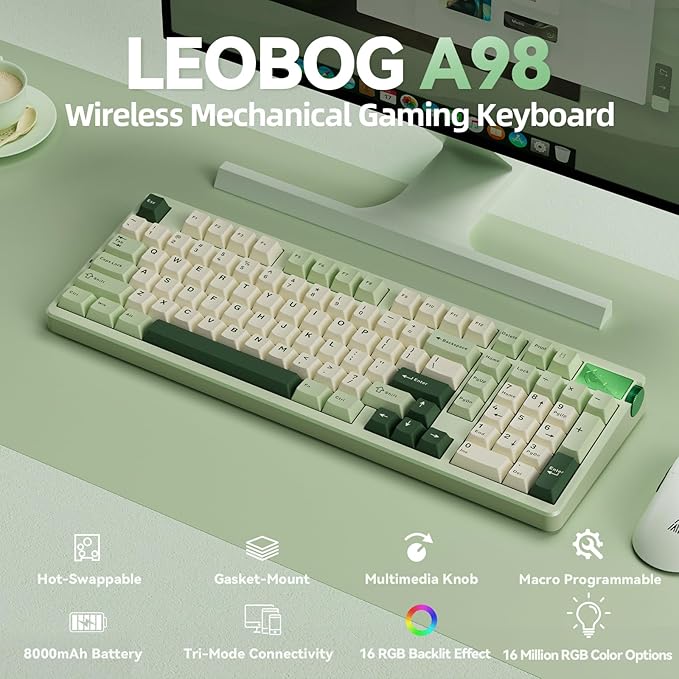 LEOBOG A98-96% Mechanical Keyboard Wireless, Tri-Mode BT5.0/2.4GHz/USB-C, Creamy Keyboard with Number Pad, Gasket Structure Hot Swappable, RGB Backlit Green Gaming Keyboard with Knob for PC