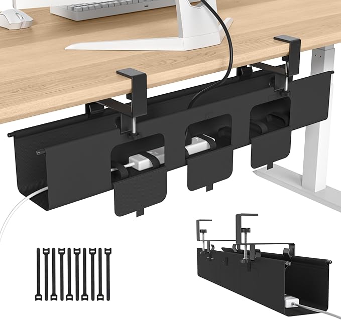 Under Desk Cable Management Tray, 36” Cord Organizer for Desk Clamp Mount, Heavy Duty Fabric Wire Management for Office Home