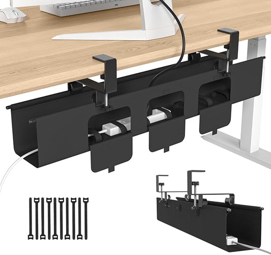 Under Desk Cable Management Tray, 36” Cord Organizer for Desk Clamp Mount, Heavy Duty Fabric Wire Management for Office Home