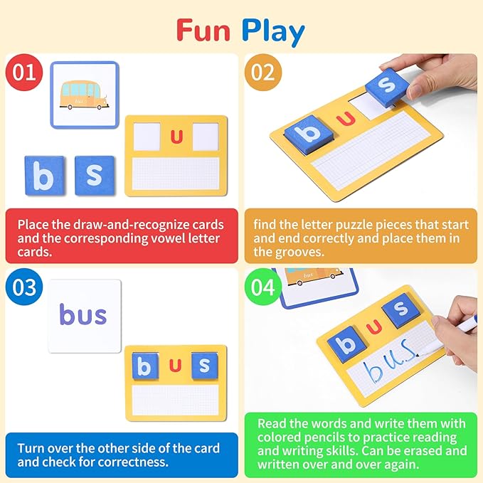 CVC Short Vowel Reading Handwriting Letters Sorting Spelling Games,Montessori Educational Toy Gift for Kids 3 4 5 Years Old,Sight Words Vocabulary Flashcards Preschool Kindergarten Learning Activities