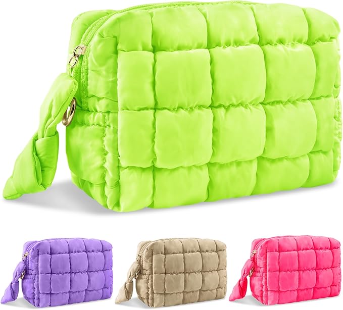 Puffer Quilted Makeup Bag Cosmetic Bags,Puffy Travel Toiletry Pouch for Women,Cute Checkered Zipper Bag Travel Essential,Portable Aesthetic Make up Organizer Bag for Gifts Work Daily(LightGreen,S)