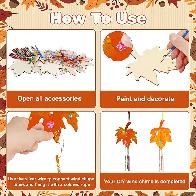 Fennoral 9 Pack Fall Wind Chime Kit for Kids Make You Own Maple Leaf Wind Chime DIY Coloring Fall Craft Wooden Hanging Ornaments Outdoor Activity Autumn Thanksgiving Party Decorations