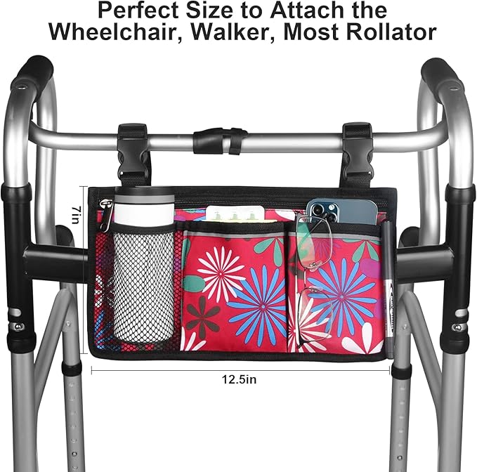 Wheelchair Side Bag, Upgrade Flower Color Wheelchair Armrest Storage Pouch with Cup Holder and Reflective Strip Made with Waterproof Fabric, for Most Wheelchairs, Walkers and Rollators (Red Fireworks)
