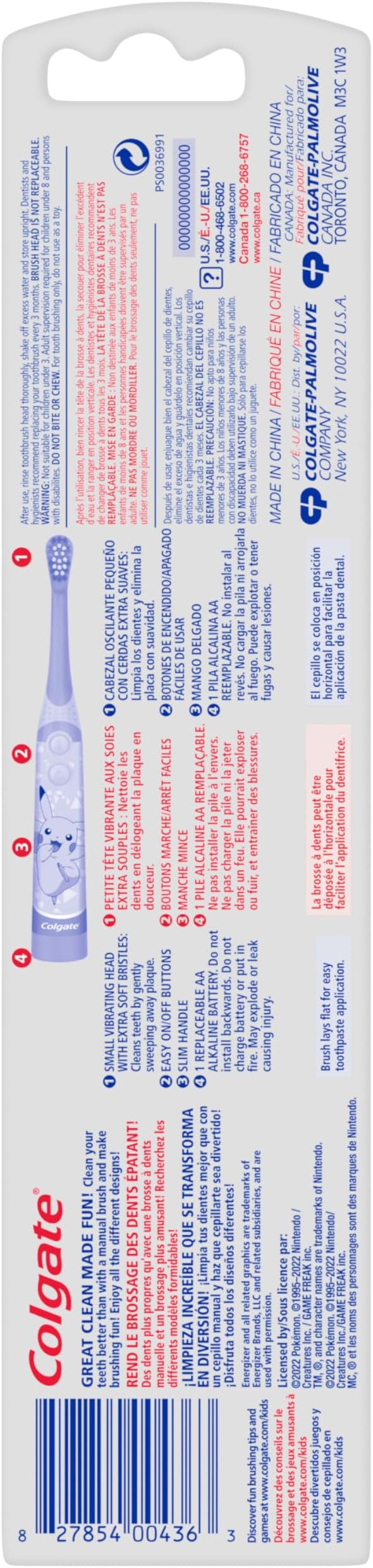 Colgate Kids Battery Powered Toothbrush, Kids Battery Toothbrush with Included AA Battery, Extra Soft Bristles, Flat-Laying Handle to Prevent Rolling, Pokemon Toothbrush, 1 Pack (Style May Vary)