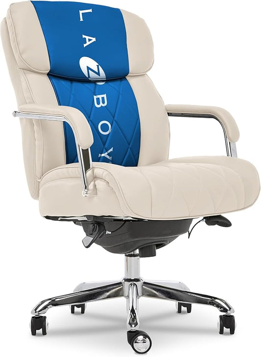 La-Z-Boy Sutherland Quilted Leather Executive Office Chair with Padded Arms, High Back Ergonomic Desk Chair with Lumbar Support, Ivory White Bonded Leather