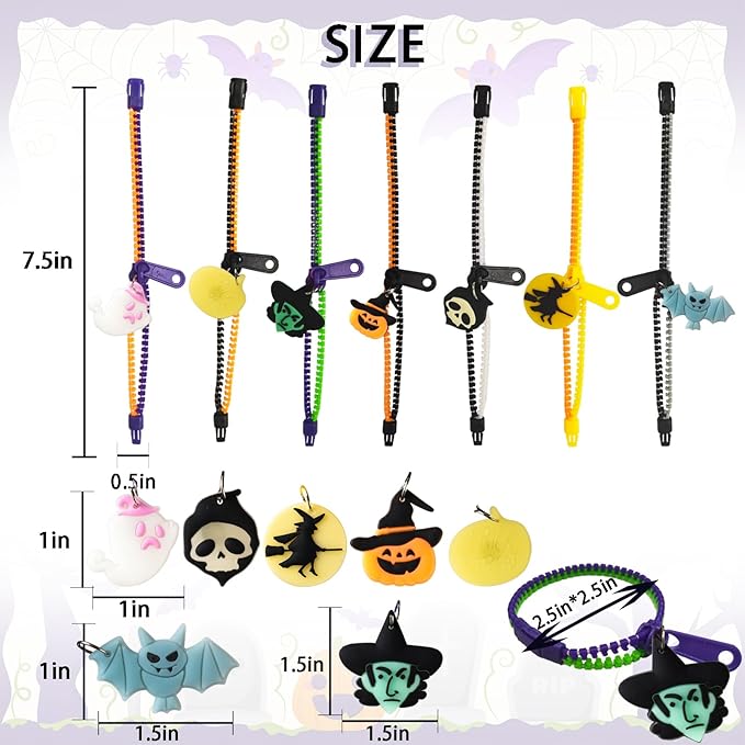 Kids Halloween Party Favors Zipper Bracelets, 28 Pack Glow in the Dark Halloween Zipper Wristbands for Kids Halloween Gifts, Halloween Giveaways, Halloween Goodie Bag Fillers, Kids Halloween Supplies