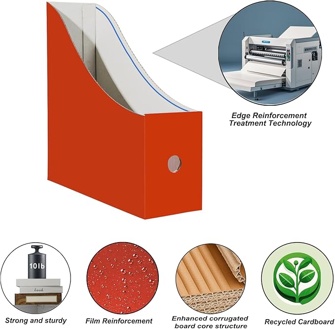 Limitliho 2 Pack Cardboard Magazine Storage Boxes, Vertical File Organizer Box for Desk or Shelves, Book Holder for Classroom,Office,Home(Orange-Red, 10.6" H x 10.2" L x 3.5" W in)