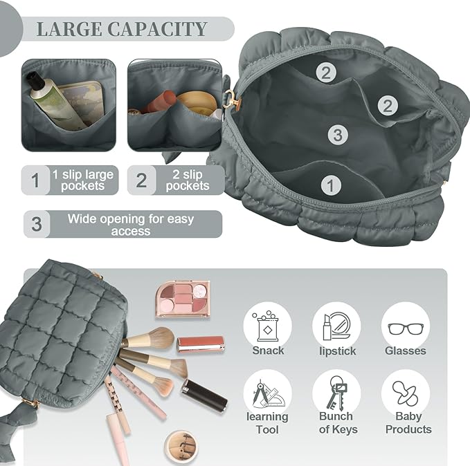 Puffer Quilted Makeup Bag Cosmetic Bags,Puffy Travel Toiletry Pouch for Women,Cute Checkered Zipper Bag Travel Essential,Portable Aesthetic Make up Organizer Bag for Gifts Work Daily(Grey,S)
