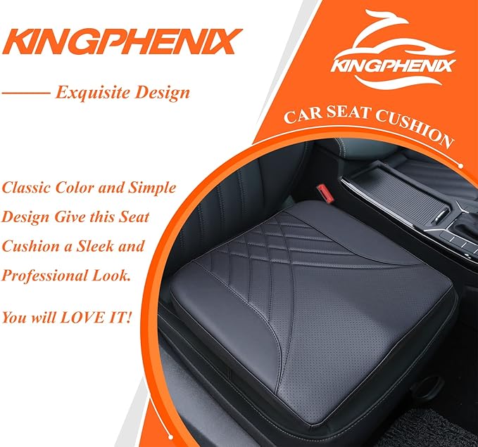 kingphenix Premium Car Seat Cushion, Memory Foam Driver Seat Cushion to Improve Driving View- Coccyx & Lower Back Pain Relief - Seat Cushion for Car, Truck, Office Chair (Leather Black)