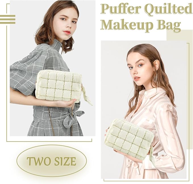 Puffer Quilted Makeup Bag Cosmetic Bags,Puffy Travel Toiletry Pouch for Women,Cute Checkered Zipper Bag Travel Essential,Portable Aesthetic Make up Organizer Bag for Gifts Work Daily(Beige,M)