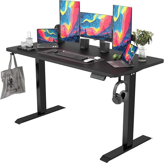 Monomi Electric Height Adjustable Standing Desk, 55x24 Inches, Ergonomic Home Office Sit/Stand Up Desk with Two-Piece Desktop (Black Steel Frame/Black Top)