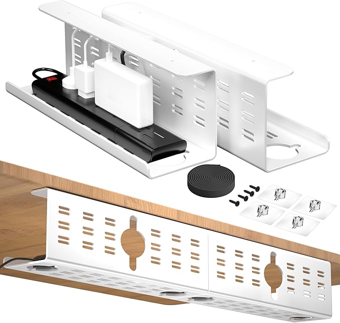 2 Pack Cable Management Under Desk White, Cinati 32" Large Cable Management Tray, Under Desk Alloy Steel Wire Organizers, Cord Hider Tray for Office and Home - Tape or Screw Installation