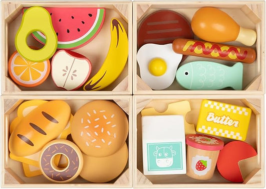 25-Piece Wooden Food Playset-STEAM Pretend Play Food for Kids, Feature an Assortment of Fruits and Snacks, Educational Toy Inspiring Imaginative Cooking, Safe Wood (3Yrs+)