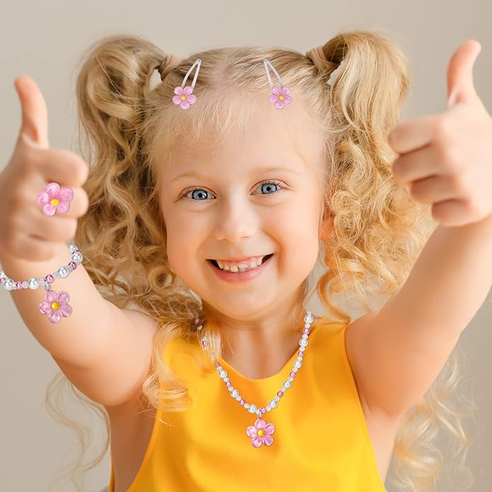 Girls Flower Jewelry Set - Toddler Dress up 5 Piece Pretend Plasy Toy Jewelry Box Set with Bead Necklace, Bracelet Ring and Hair Clips - Play Accessories - Ages 3+ Girl Birthday Gifts