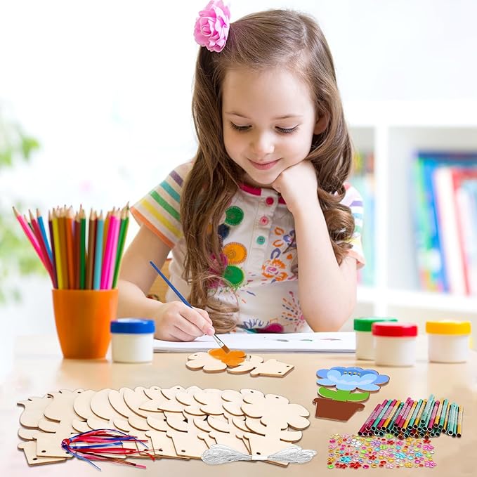 Fennoral 12 Pack Flower Wind Chime Craft for Kids Make You Own Flower Wind Chimes Ornaments DIY Coloring Wooden Art and Craft for Spring Summer Art Activities Birthday Decorations