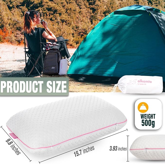 alkamto Travel & Camping Comfortable Memory Foam Pillow – Easy to Carry Portable Bag – Temperature Regulating Pillow Case (Pink + Extra Cover)