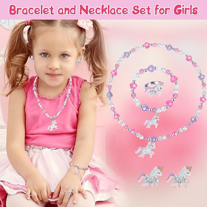 Girls Play Necklace and Bracelets Ring Clip on Earrings Toddler Unicorn Jewelry Kids Little Girls Unicorn Necklace Set Charm Bling Bling Unicorn Pendants Party Favors Toddlers Colorful Dress up Jewelry Gifts-AA002