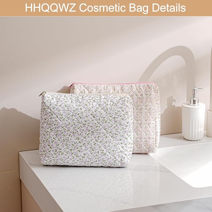 HHQQWZ Makeup Bag Travel Cosmetic Bag for Women Girls, Zipper Make Up Pouch, Floral Flowers Toiletry Organizer Makeup, Portable Storage Cosmetic Travel Cloth Bag (L/Blue Bowknot)