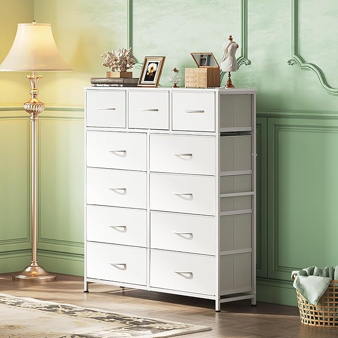 WLIVE Storage Organizer Unit with 11 Fabric Bins, Storage Drawers Organizer with Steel Frame, Tall Storage Tower Organizaton for Living Room, Hallway, Office, White
