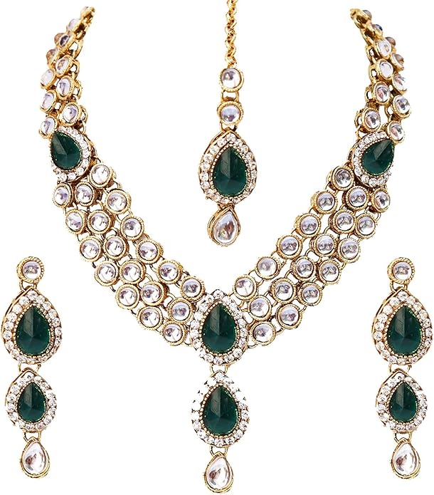 Aheli Indian Traditional Bollywood Kundan Maang Tikka Earrings Necklace Set Ethnic Jewelry Gift for Women Green Blue