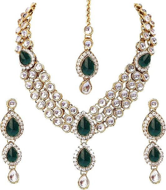 Aheli Indian Traditional Bollywood Kundan Maang Tikka Earrings Necklace Set Ethnic Jewelry Gift for Women Green Blue